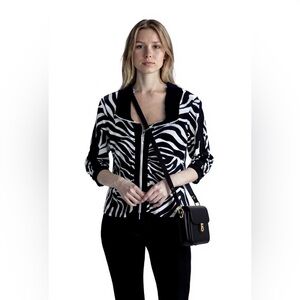 Joseph Ribkoff zebra stripe top/jacket w waist ruching &  stiff collar
